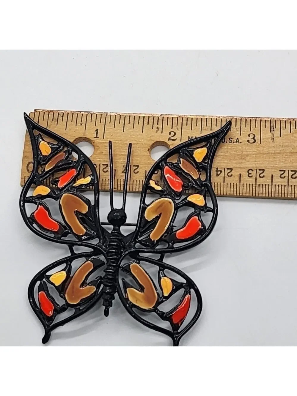 Vintage large black metal enamel Butterfly brooch pin unique